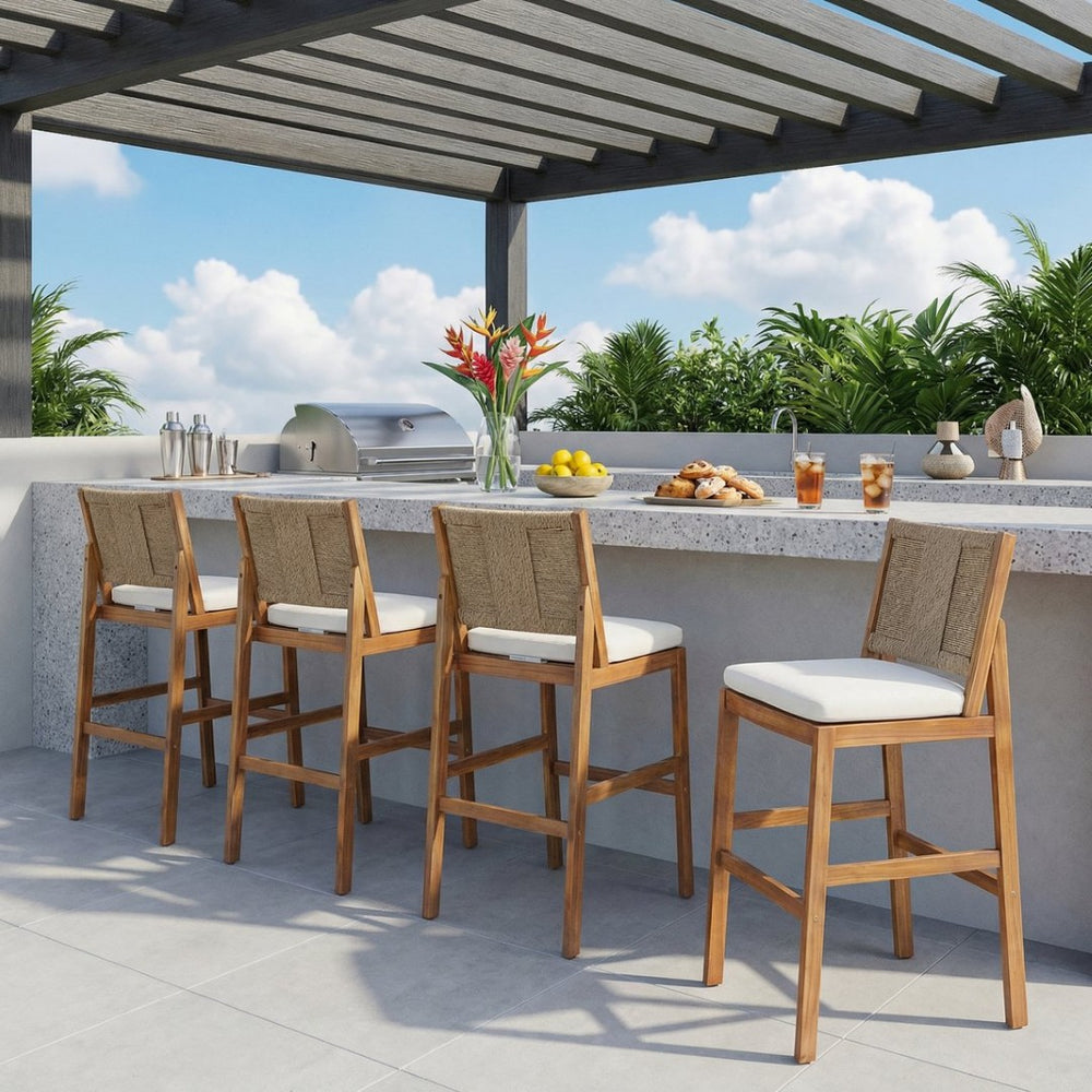 English Elm 4 Piece Outdoor Acacia Wood Wicker Bar Stools Set with Cushioned Patio Seating Cream,Light Brown,Teak N773OB00133B