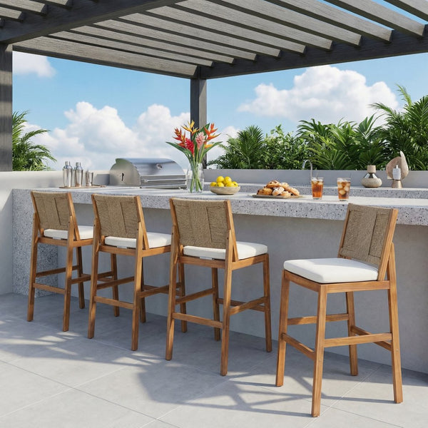 English Elm 4 Piece Outdoor Acacia Wood Wicker Bar Stools Set with Cushioned Patio Seating Cream,Light Brown,Teak N773OB00133B
