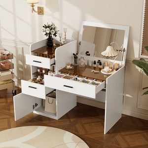 English Elm 3-in-1 Vanity Desk Flip Mirror Glass Top Hidden Storage Compact White Bedroom N704P391337K