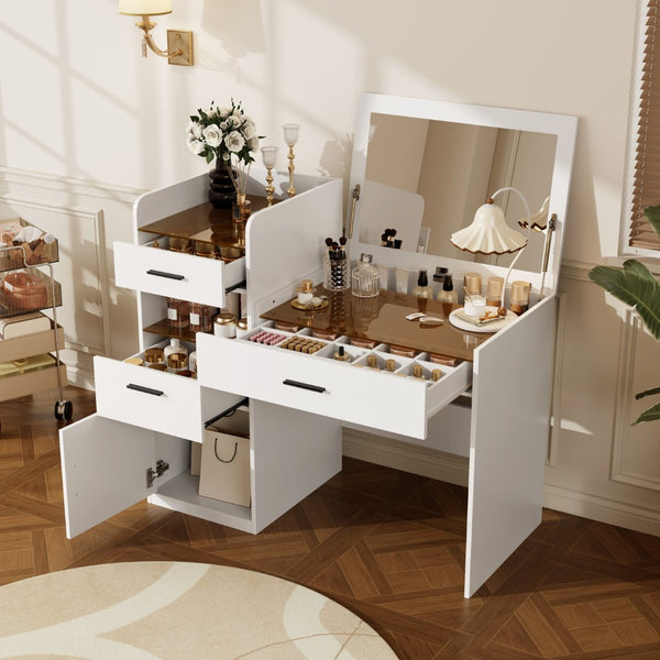 English Elm 3-in-1 Vanity Desk Flip Mirror Glass Top Hidden Storage Compact White Bedroom N704P391337K