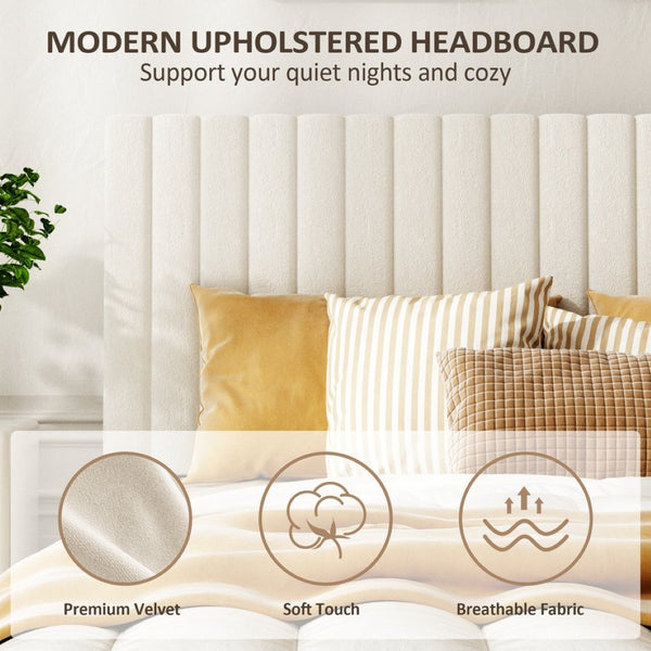 English Elm Queen Velvet Tufted Platform Bed Adjustable Headboard Steel Frame No Box Spring Beige W5239P503297
