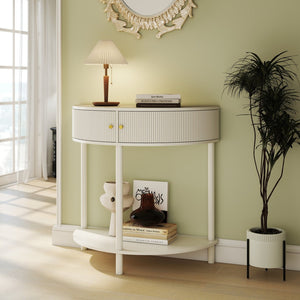English Elm Artisan-crafted Demi-lune Console Sculptural Wave Drawers Vanilla Lacquer Hallway Accent Cream White W2557P329370