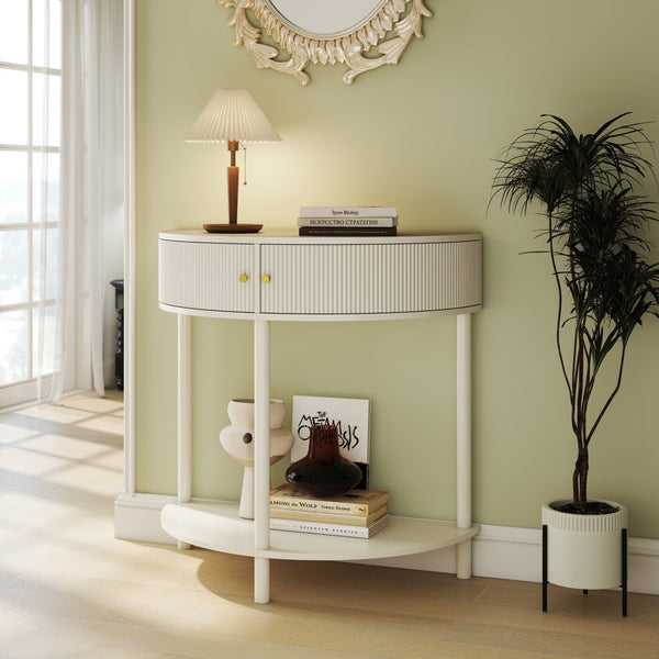 English Elm Artisan-crafted Demi-lune Console Sculptural Wave Drawers Vanilla Lacquer Hallway Accent Cream White W2557P329370