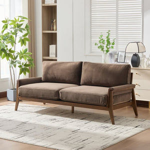 English Elm Mid-century Modern Boucle Upholstered Three Seat Sofa with Walnut Finish Wood Legs Dark Brown N773P411407D