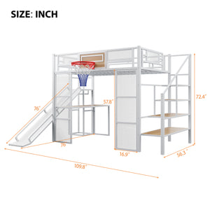 English Elm Full Full Size Metal Loft Bed with Built-In Desk, Slide, Basketball Hoop and Open Wardrobe Storage White GX001524AAK