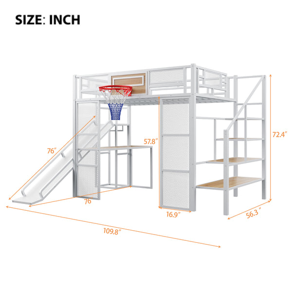 English Elm Full Full Size Metal Loft Bed with Built-In Desk, Slide, Basketball Hoop and Open Wardrobe Storage White GX001524AAK