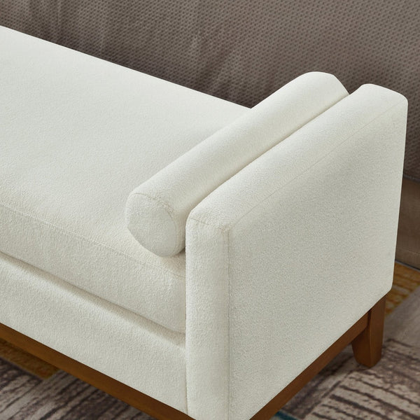 English Elm Large Boucle Upholstered Window Bench with Armrests and Throw Pillows for Entryway Beige W2186P454321