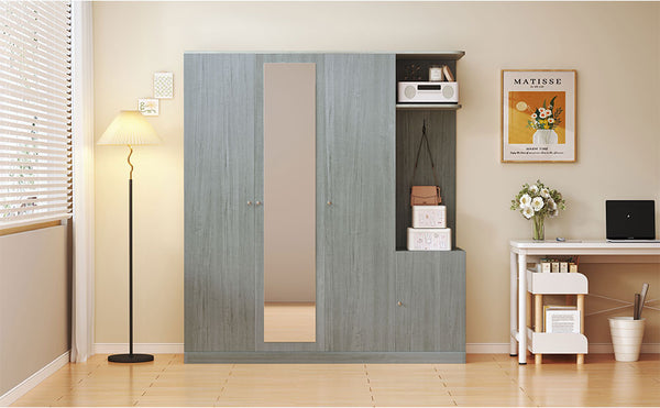 English Elm 4-Door Wardrobe with Full-Length Mirror, Dust-Proof Compartments, Shoe Door & Anti-Tip Safety Features Gray N820S00056E