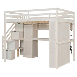 English Elm Full Loft Bed with Integrated Wardrobe Desk Shelving and Led Lighting for Teen Rooms Beige LT000927AAA