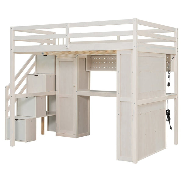 English Elm Full Loft Bed with Integrated Wardrobe Desk Shelving and Led Lighting for Teen Rooms Beige LT000927AAA