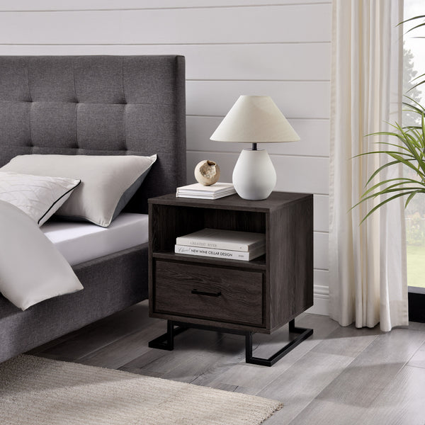 English Elm Walker Edison - Contemporary Charcoal Metal & Wood 1-Drawer Nightstand with Open Cubby, Durable MDF, Sleek Legs B185P168979