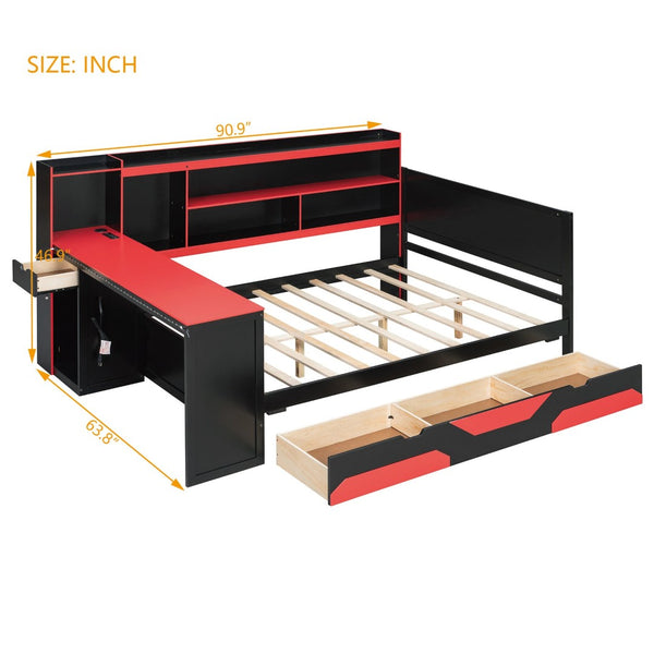 English Elm Full Size Gaming Bed Frame with Desk Led Lights Storage Drawers and Charging Station Black+Red LP000289AAJ