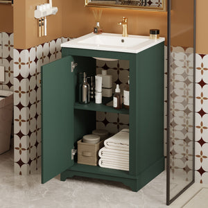 English Elm 20-inch Bathroom Vanity with Ceramic Sink, Modern Freestanding Single Vanity with Soft-Close Doors and Adjustable Shelf for Ample Organized Storage Green N710P317678F