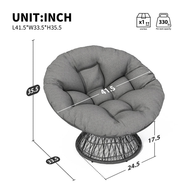 English Elm 41.5" Ergonomic Papasan Wicker Chair with Ultra-Thick Cloud Cushion, 360° Swivel, Waterproof UV-Resistant Fabric Gray N723P212569E