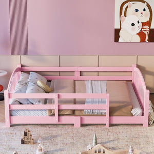 English Elm Full Montessori Pine Wood Floor Bed with Safety Rails Low Profile Kids Room Frame Pink N733P400299H
