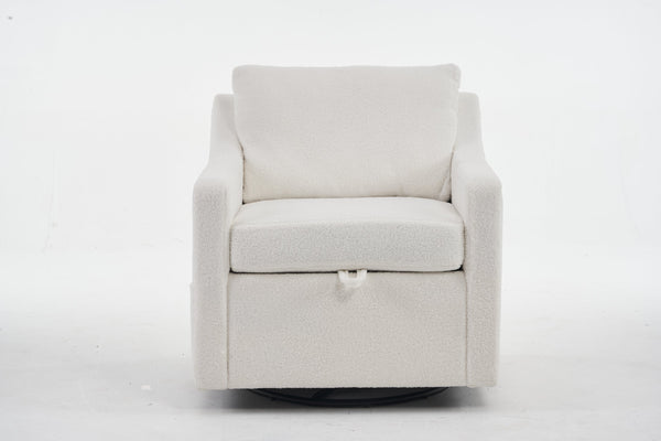 English Elm 011-Teddy Plush Swivel Accent Chair with High Back, Rivet Trim, 360° Rotation, Storage & Pockets Ivory W527P190834
