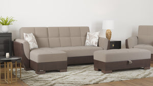 English Elm PrimeNest SkyHaven Upholstered Ottoman with Storage — Compact Microfiber Seat, Click-Clack Convenience Tan+Brown B030P280952