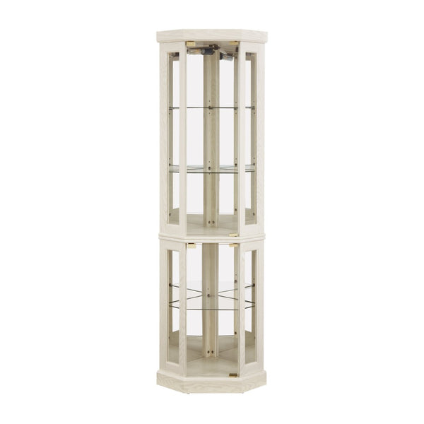 English Elm Corner Curio Cabinet Lighted Glass Display Case with Mirrored Back for Living Room Antique White W2275P194429