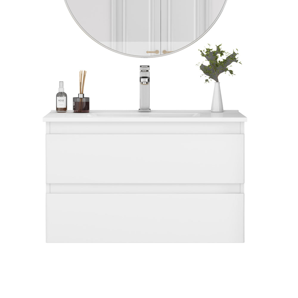 English Elm 32-Inch Wall-Mounted Bathroom Vanity With Soft-Close Sink, Double Drawers, Modern Design & Easy Install W3151S00047