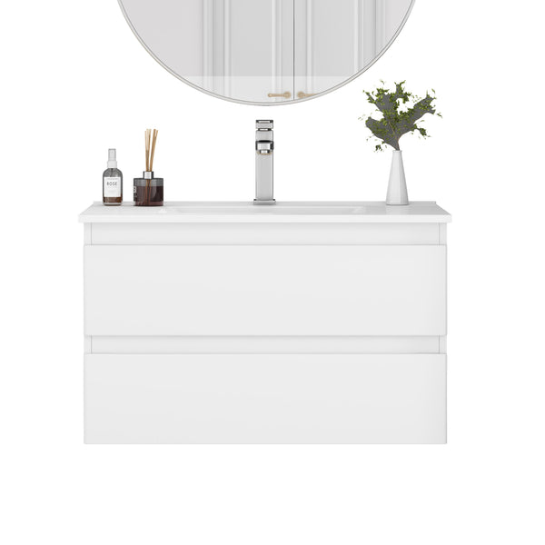 English Elm 32-Inch Wall-Mounted Bathroom Vanity With Soft-Close Sink, Double Drawers, Modern Design & Easy Install W3151S00047