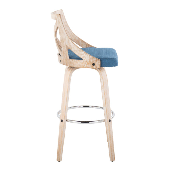 English Elm Charlotte 30" Farmhouse Barstool Set of 2 — Whitewashed Wood X-Back, Blue Fabric Cushions, 360° Swivel B202S00497