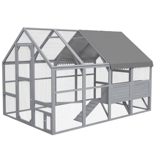 English Elm Wooden Fir Catio Outdoor Cat Enclosure with Uv Cover Platforms and Climbing Ladders T3971S00076