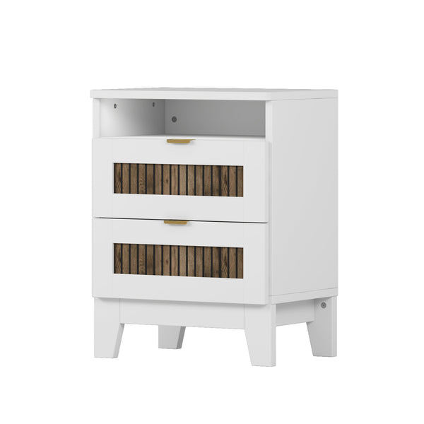 English Elm 4-Pieces Queen Platform Bed Set with Storage Nightstands & Dresser, Wooden Strip Accent, Modern Farmhouse Elegance White 52.17 L x 18.5 W x 11.81 H HL000191AAK