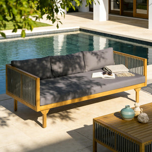 English Elm Outdoor Acacia Wood Sofa with Woven Rope Accents Teak Finish Patio Seating Dark Grey,Grey,Teak N770P354675A