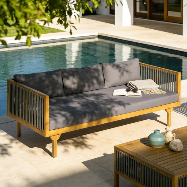 English Elm Outdoor Acacia Wood Sofa with Woven Rope Accents Teak Finish Patio Seating Dark Grey,Grey,Teak N770P354675A