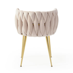 English Elm Modern Velvet Dining Chairs Set of 2 with Woven Backrest and Gold Metal Legs, Elegant Arc Design for Home Beige W1117P209795