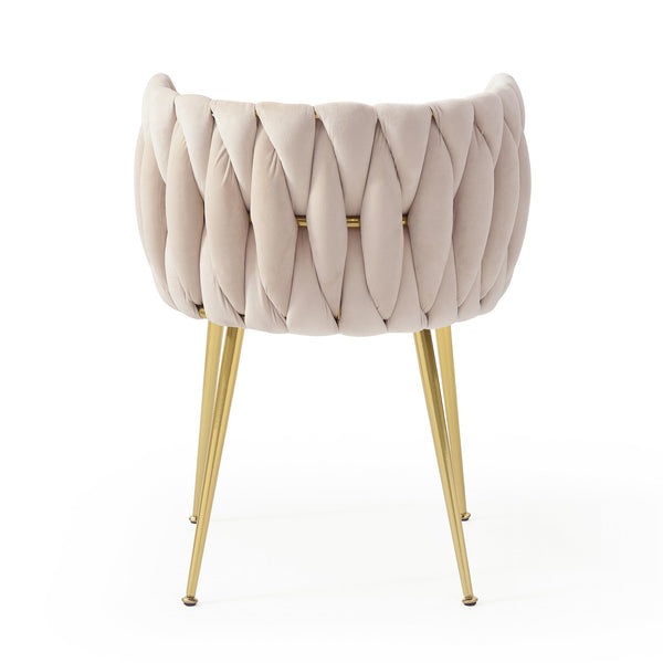 English Elm Modern Velvet Dining Chairs Set of 2 with Woven Backrest and Gold Metal Legs, Elegant Arc Design for Home Beige W1117P209795
