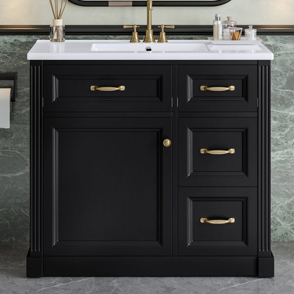 English Elm 36 Inch Bathroom Vanity With Sink & Soft-Close Drawers - Modern Black Cabinet For Smart Storage N725P336549B