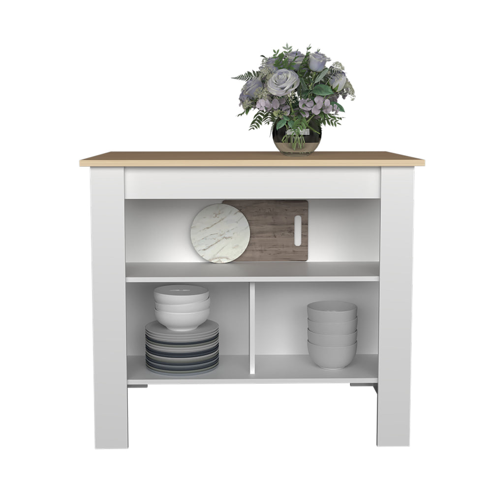 English Elm Island Kitchen Island With 3 Open Shelves, White & Light Pine Finish – Farmhouse Style & Storage B097P250891