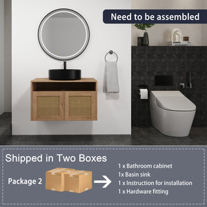 English Elm 30" Modern Wall-Mounted Bathroom Vanity With Black Ceramic Sink, Soft-Close Doors, Oak Finish W999S00398