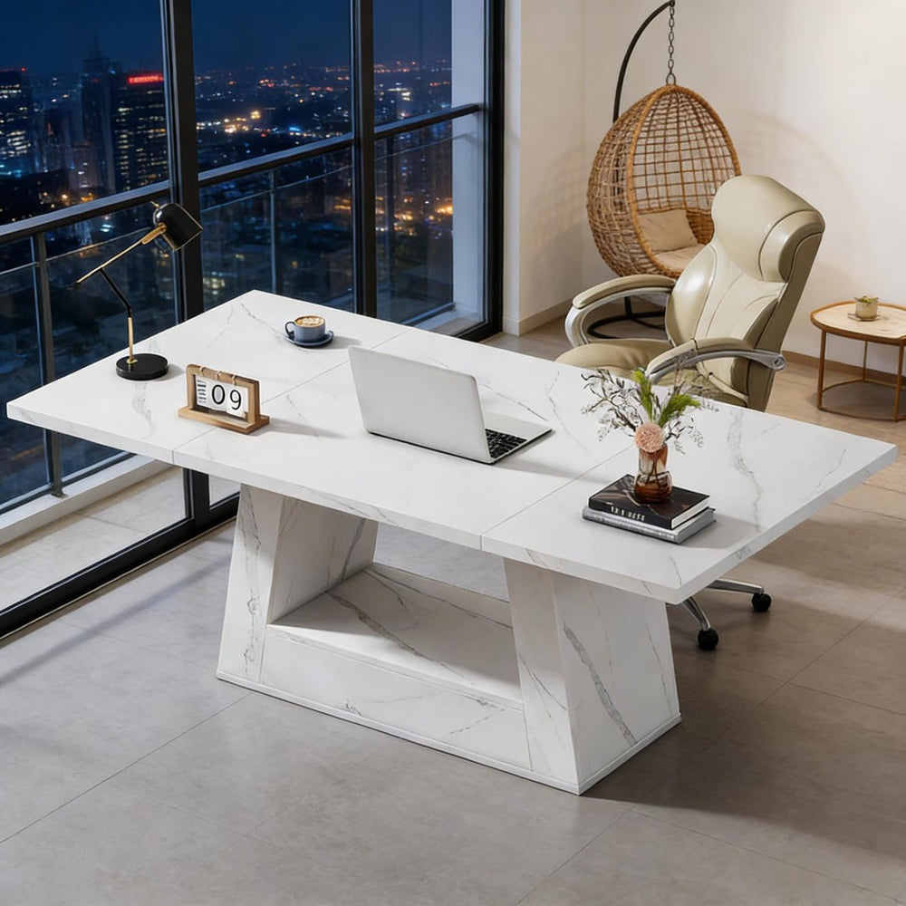 English Elm Spacious Faux Marble Executive Office Desk with Trapezoidal Legs for Modern Workspaces T3971P449349