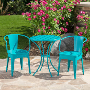 English Elm Christopher Knight Home® - COLMAR 3-Piece Metal Bistro Set for Patio — Weather-Resistant Iron Table & Stackable Armchairs, Slatted Design Teal 56558.00MCT