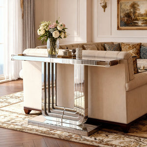 English Elm Mirrored Console Table Silver Glam Entryway Piece with Geometric U Base and Etched Detail W1445P370476