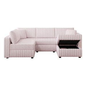 English Elm 106.3" Soft U-Shaped Sofa For 4 - Stylish Light Pink Modular Design With Hidden Storage & Washable Cushions W1767S00021