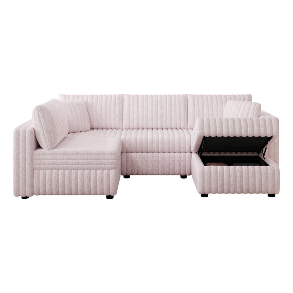 English Elm 106.3" Soft U-Shaped Sofa For 4 - Stylish Light Pink Modular Design With Hidden Storage & Washable Cushions W1767S00021