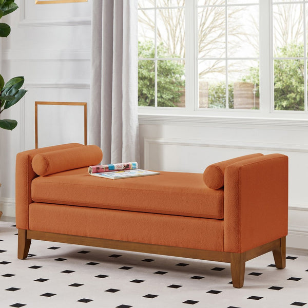 English Elm Large Boucle Upholstered Window Bench with Armrests and Throw Pillows for Entryway Orange W2186P454319