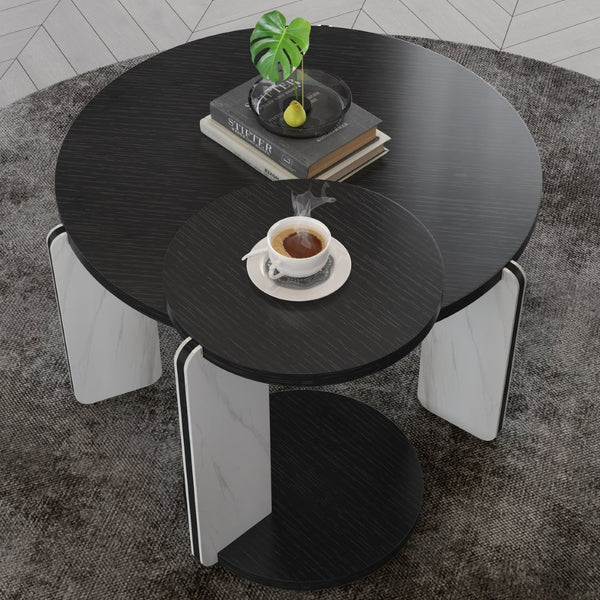 English Elm Set of 2 Round Sintered Stone Nesting Tables Sleek Modern Accent for Living Rooms W2899P405894