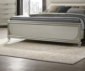 English Elm Glamorous Luxury Fabric Upholstered Queen Bed with LED Headboard, Embossed Panels & 2 Nightstands Set Silver 33 L x 21 W x 28 H B2741S00359