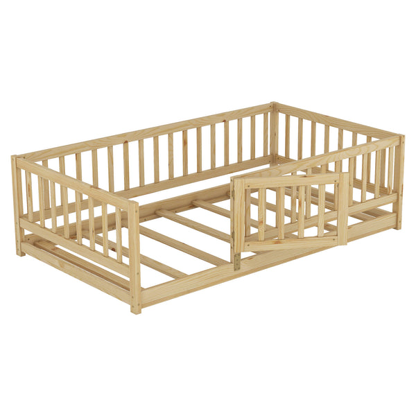 English Elm Twin Oak Montessori Floor Bed with Fence & Door, Twin Slatted Pine Frame, Low Profile for Kids (Natural) W1820P349300