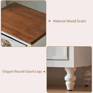 English Elm Vintage Farmhouse End Table with Floral Knobs 3-Drawer Rustic Nightstand Solid Wood Accents Antique White,Walnut W3306P318861