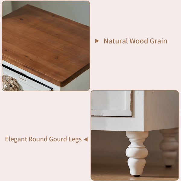 English Elm Vintage Farmhouse End Table with Floral Knobs 3-Drawer Rustic Nightstand Solid Wood Accents Antique White,Walnut W3306P318861