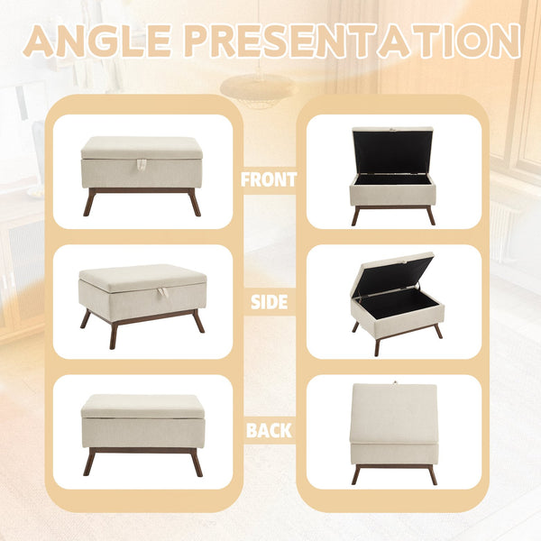 English Elm Mid-century square storage bench with solid wood frame, microfiber upholstery, versatile ottoman seat and tabletop functionality for living room and entryway appeal Beige W1539P269651