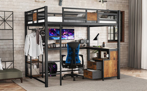 English Elm Queen Loft Bed With Workspace And Storage - Heavy-Duty Metal Frame, Noise-Free Design, Stylish Black W1580S00223-GIGA