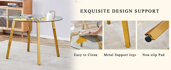 English Elm Table Modern 5-Piece Set: Round Clear Tempered Glass Table With Gold Legs & 4 White Pu Chairs W1151S03833-GIGA