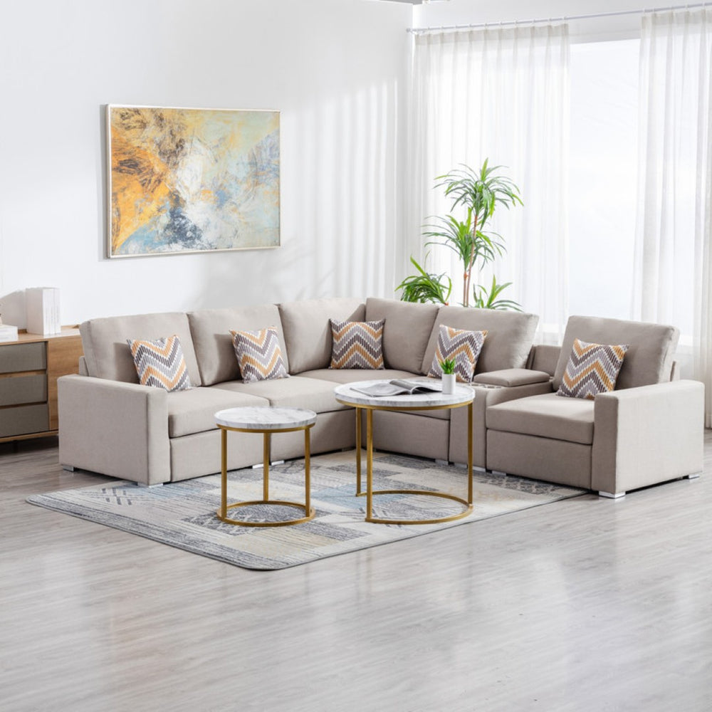 English Elm Nereo Six Piece Modular Sectional Beige Linen with Built in Charging Console B2749S00124