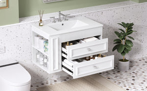 English Elm 30'' Wall Mounted Bathroom Vanity with Ceramic Sink, Floating MDF Cabinet, Soft-Close Drawers & Ample Storage White N710P334915K
